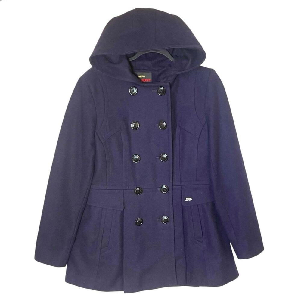 VTG Y2K Miss Sixty Double Breasted Purple Wool Blend Hooded Peacoat Large - Picture 1 of 10